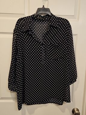 Dark Navy Polka Dot Blouse - Classic Button-Front Top
